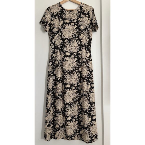 LAURA ASHLEY Vintage Short Sleeve Floral Maxi Dress Sz 6 Black Beige Romantic - Picture 1 of 12